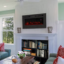 Sophisticated hearth indoor electric fireplace mounted on a wall above a bookcase in a living room
