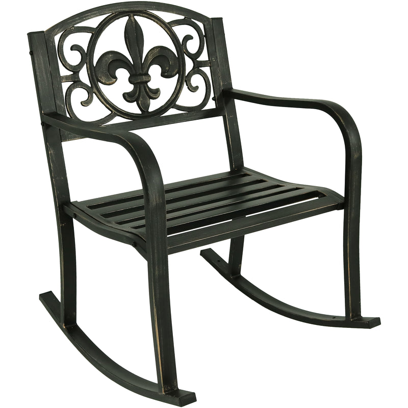 Sunnydaze Cast Iron and Steel Patio Rocking Chair with Fleur-de-Lis