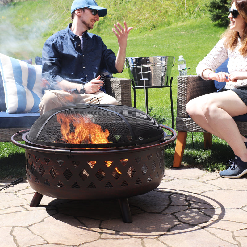 Sunnydaze Bronze Crossweave Wood-Burning Fire Pit with Spark Screen, Grate, and Poker