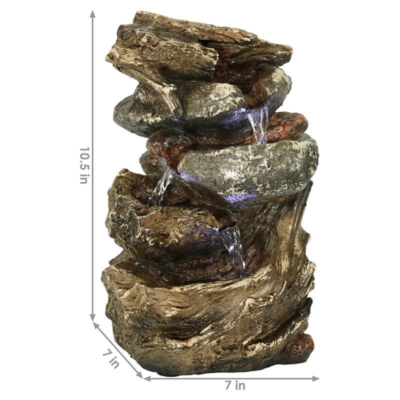 Sunnydaze Tiered Rock & Log Indoor Waterfall Fountain with LED Lights - 10"