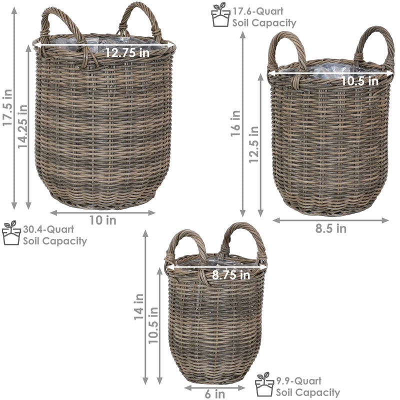 Sunnydaze Indoor Round Polyrattan Basket Planters with Handles - Set of 3