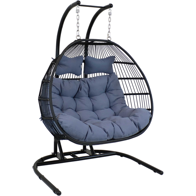 Sunnydaze Liza Loveseat Egg Chair with Gray Cushions and Stand