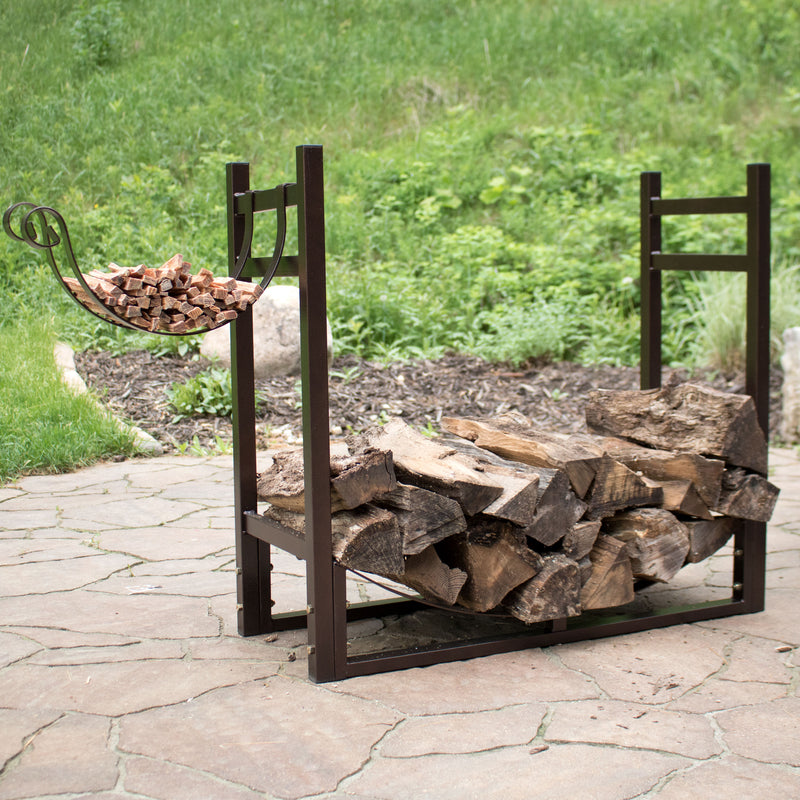 Sunnydaze Bronze Indoor-Outdoor Firewood Log Rack with Kindling Holder