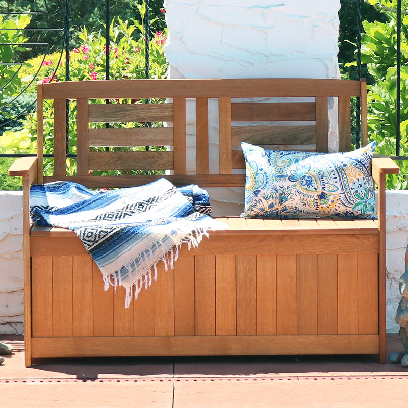 Sunnydaze 51-inch Meranti Wood Outdoor Storage Bench with Teak Oil Finish