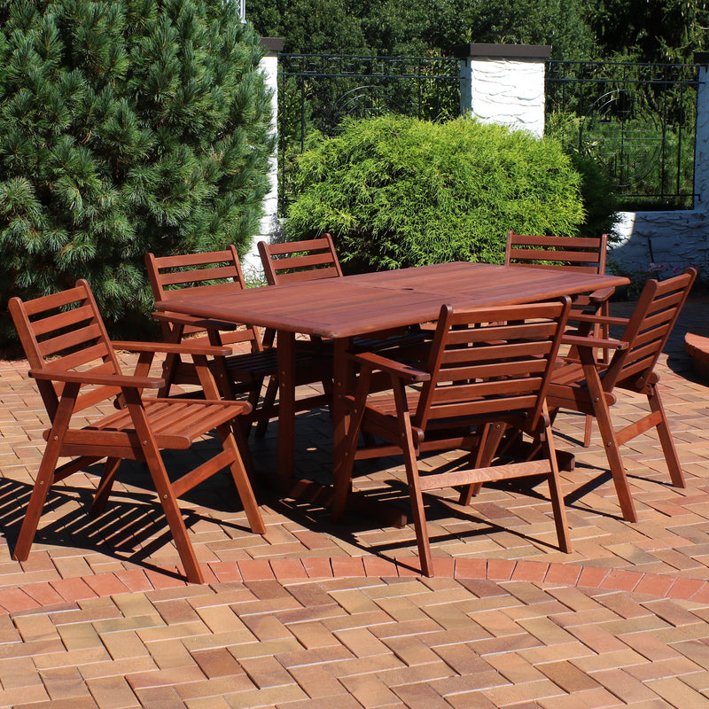 Sunnydaze Meranti Wood 7-Piece Long Outdoor Dining Table and Chairs
