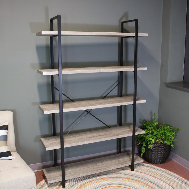 Sunnydaze 5-Tier Bookshelf - Industrial Style with Freestanding Open Shelves & Veneer Finish
