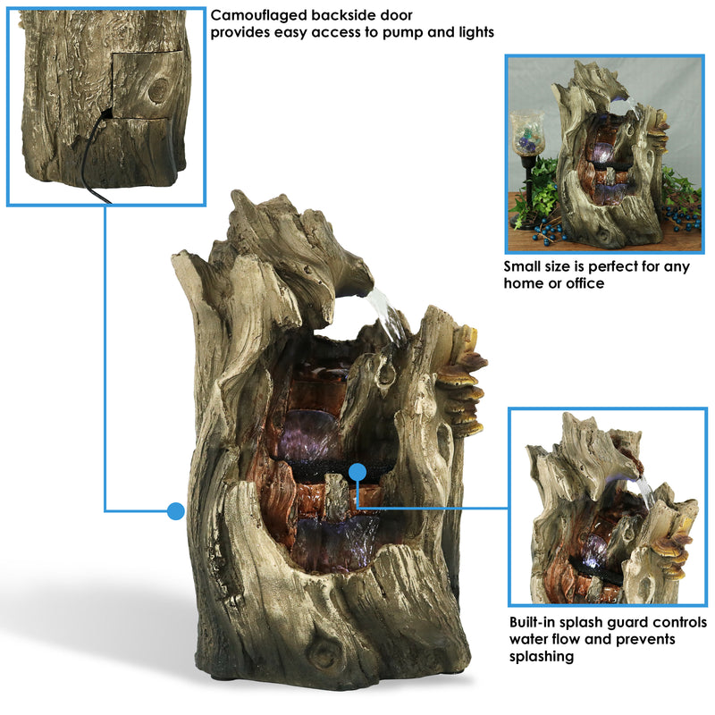 Sunnydaze Cascading Caves Tree Trunk Waterfall Fountain with LED Lights - 14"