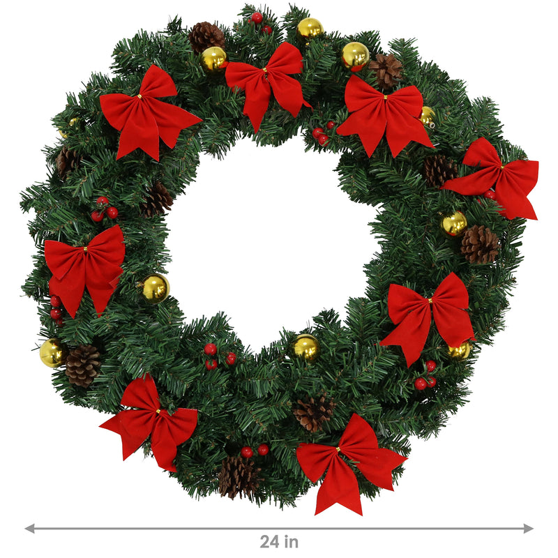 Sunnydaze Unlit Christmas Wreath with Red Holiday Bows - 24"