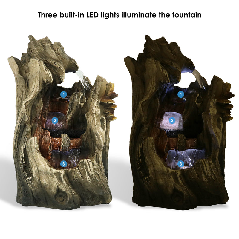 Sunnydaze Cascading Caves Tree Trunk Waterfall Fountain with LED Lights - 14"