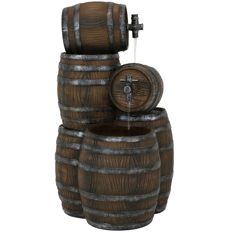 Sunnydaze Stacked Rustic Cascading Whiskey Barrel Outdoor Water Fountain with LED Lights, 29-Inch