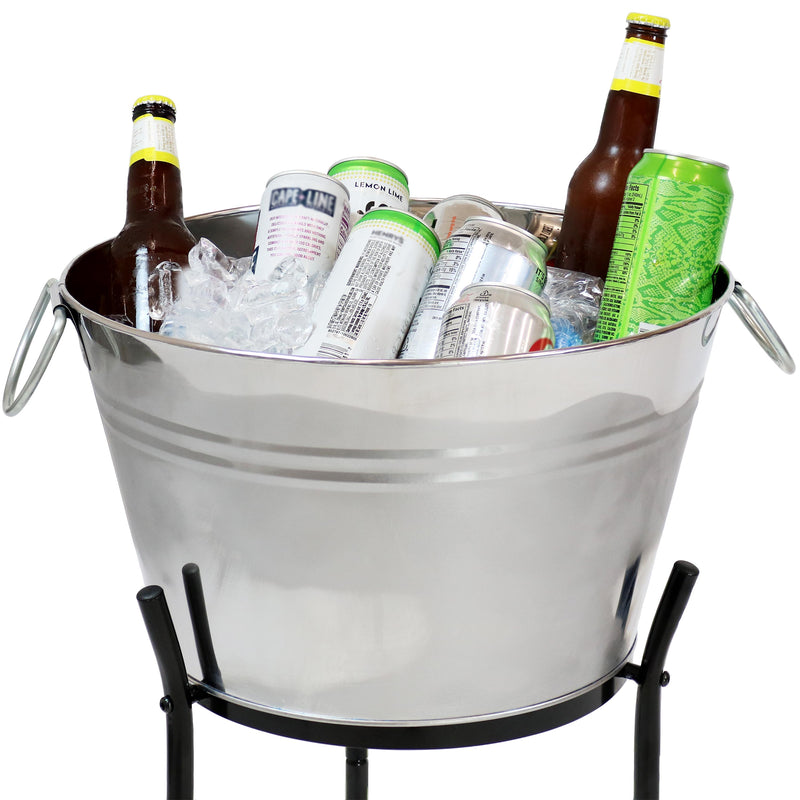 Sol Living Beverage Tub Large Drink Bucket with Handles Stainless Steel Bottle Cooler Ice Bucket for Hosting Parties - 8 Gallon Capacity, Silver