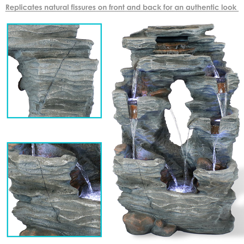 Sunnydaze Dual Cascading Rock Falls Water Fountain with LED Lights and Electric Submersible Pump - 39"