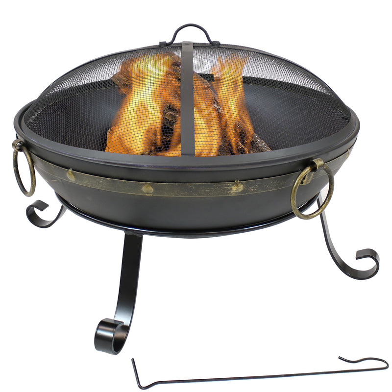 Sunnydaze Victorian Steel Fire Bowl with Handles and Spark Screen - 25-Inch