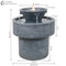 Outdoor gray 2-tiered round pedestal fountain on a wood deck as water flows into the lower basin from 4 spouts