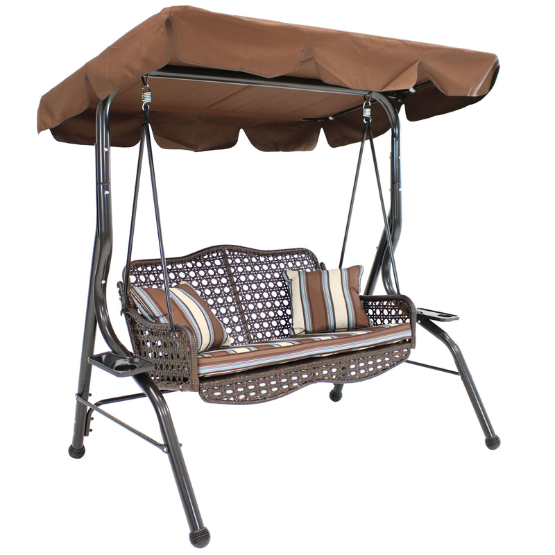 Sunnydaze 2-Person Outdoor Rattan Swing with Side Tables and Steel Frame,  Brown Stripe Cushions and Pillow