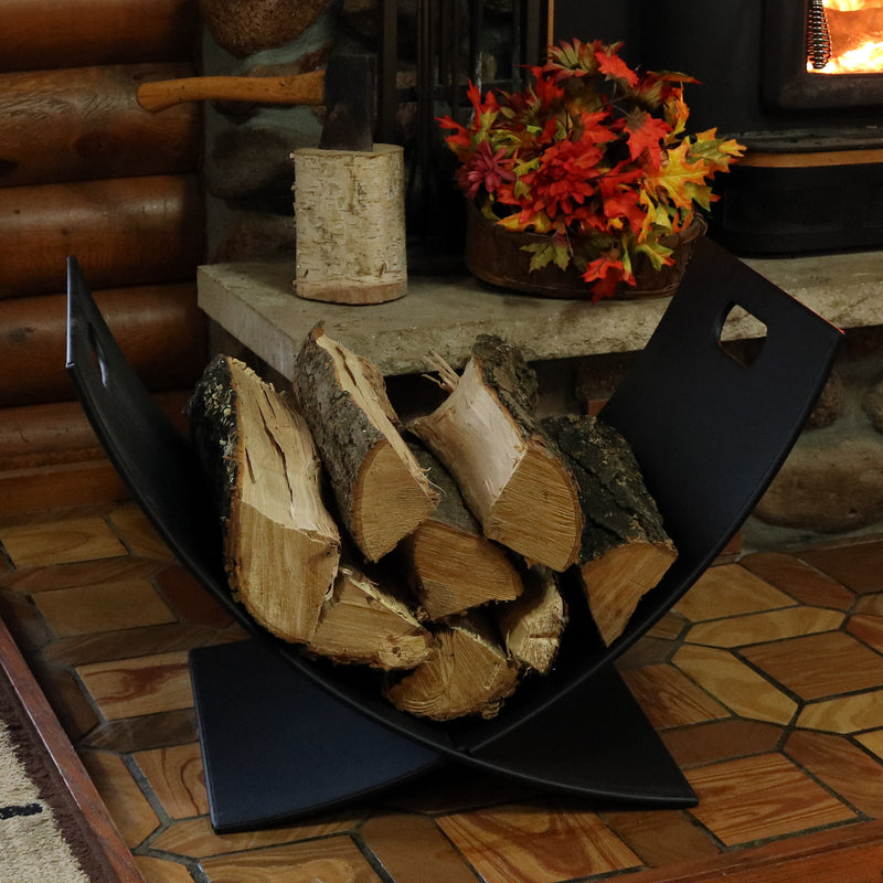 Black steel curved log holder comes in two pieces for quick and easy set-up.

