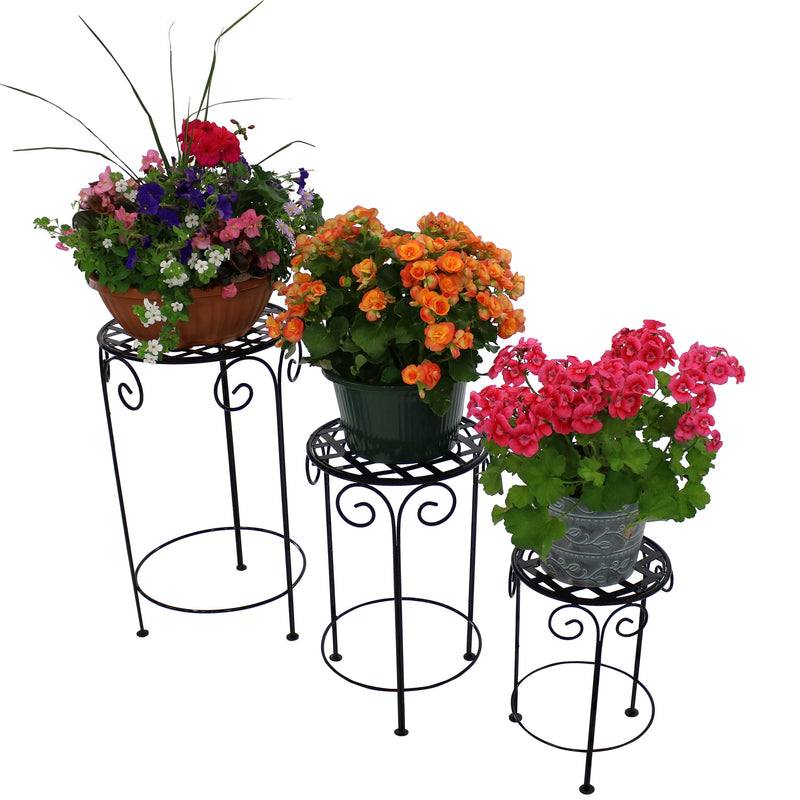 Sunnydaze Metal Iron Plant Stand with Scroll Design, Set of 3, Black