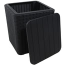 Black faux rattan storage bin with faux wood lid leaning against the side sitting pool side with a blanket colorful blanket inside.