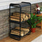 The tall modern firewood holder neatly holds stacked wood on each of its two shelves.

