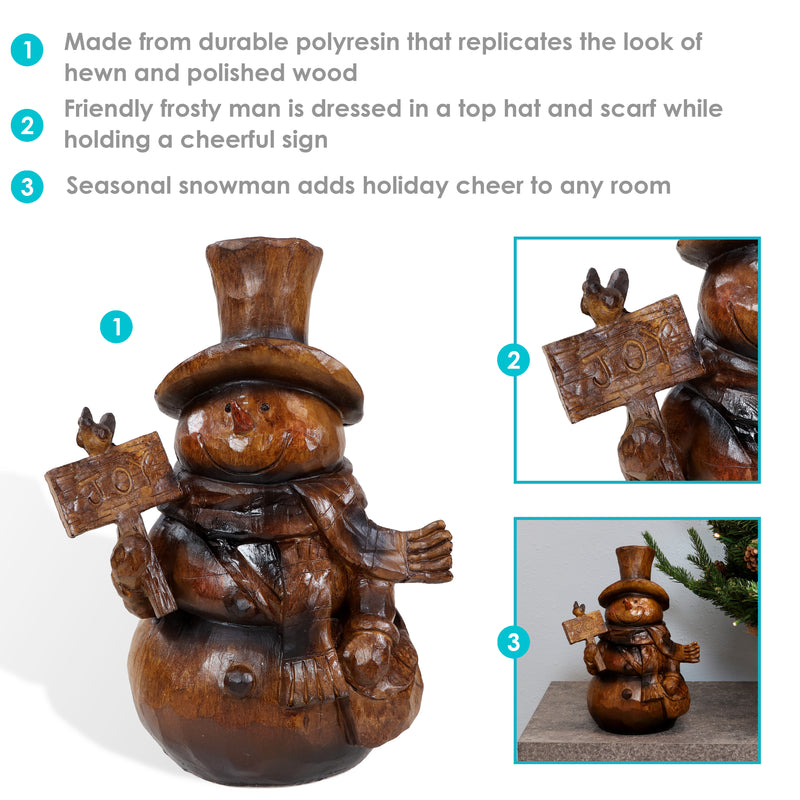 Wooden snowman's joy sign reads "joy' with a small bird sitting on top