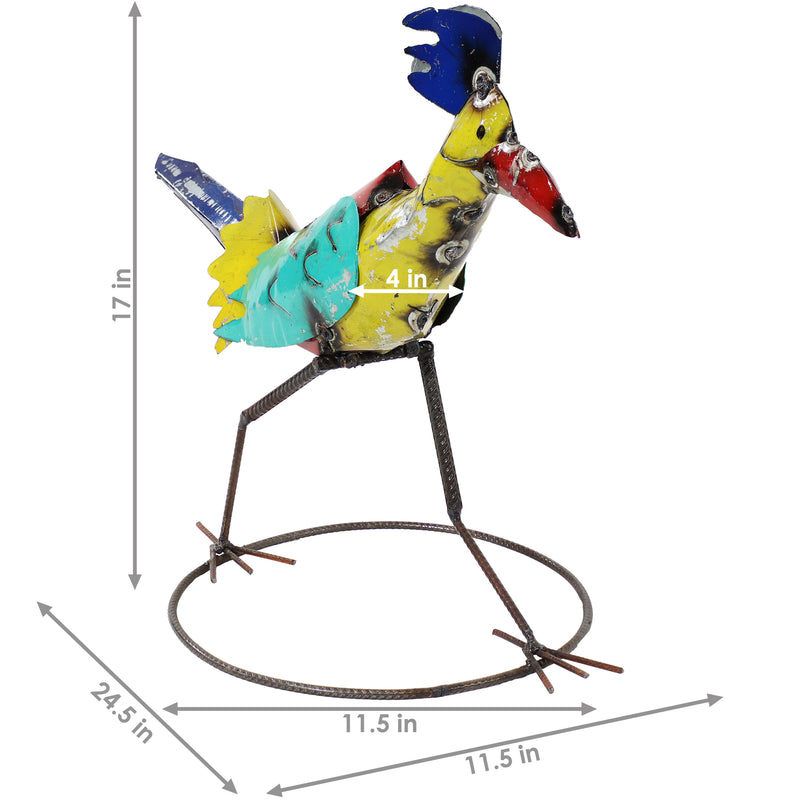 Red, yellow and blue head of Ace, the roadrunner metal statue.