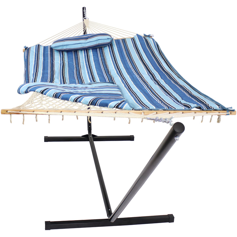 Sunnydaze Rope Hammock with 12' Steel Stand, Pad, & Pillow - 275 lb Capacity