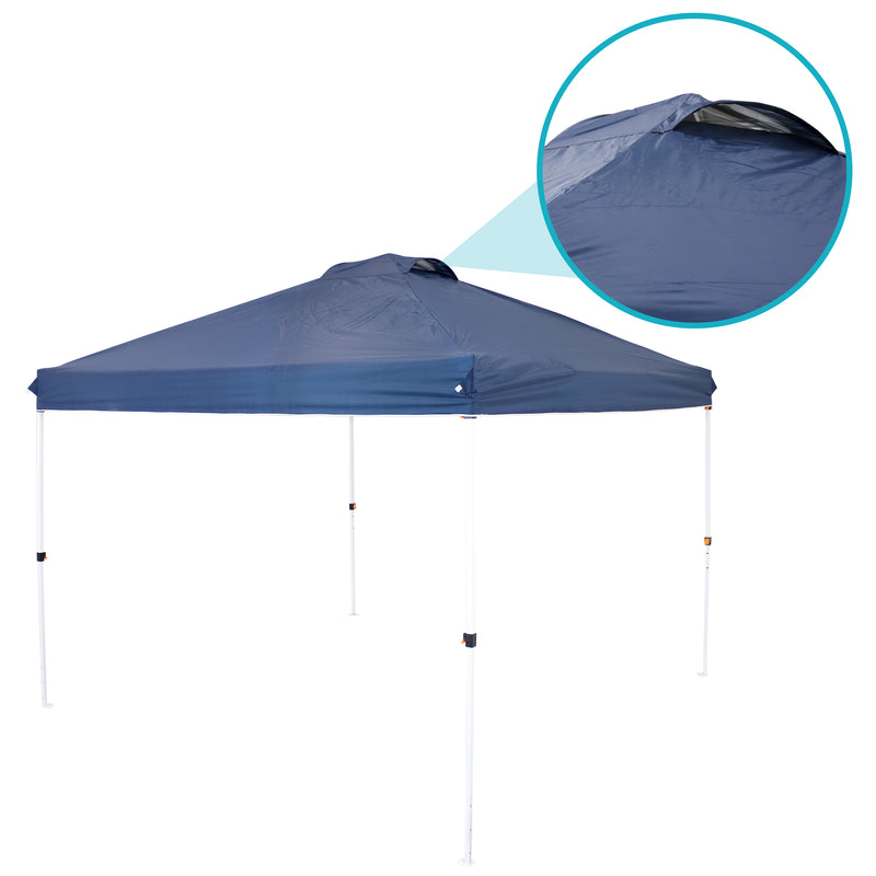 Blur 12'x12' pop up canopy with white frame set up in a backyard.