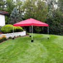 red 12'x12' pop up canopy with white frame and sandbags