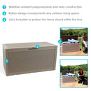 Front handle and locking groove of tan faux rattan deck storage box.