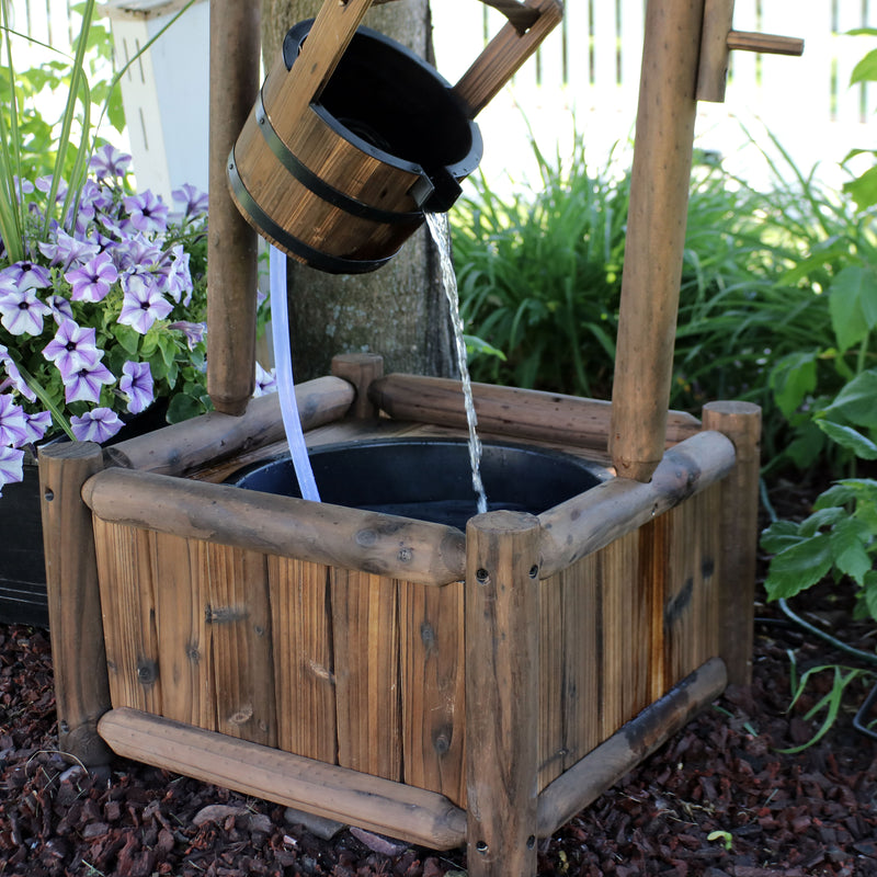 Sunnydaze Rustic Wood Wishing Well Outdoor Fountain with Liner - 46" H