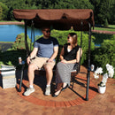 Sunnydaze 2-Person Outdoor Patio Swing with Side Tables - Brown Stripe Cushions and Pillow