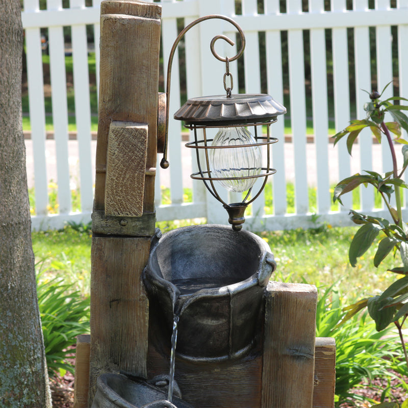Sunnydaze Rustic Pouring Buckets Outdoor Fountain with Solar Lantern - 34"