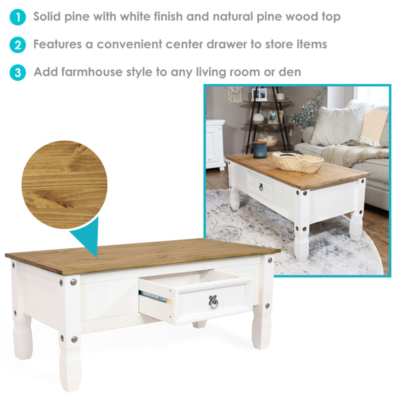 Sunnydaze Solid Pine Coffee Table with Drawer - White - 42.25" W