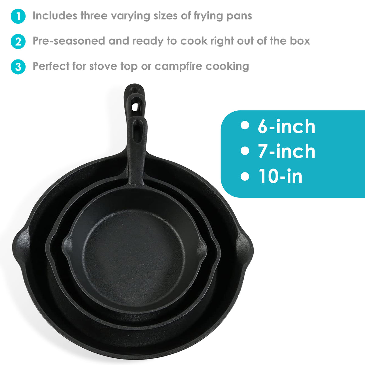 Hastings Home Set of 3 Cast Iron Pre-Seasoned Nonstick Skillets