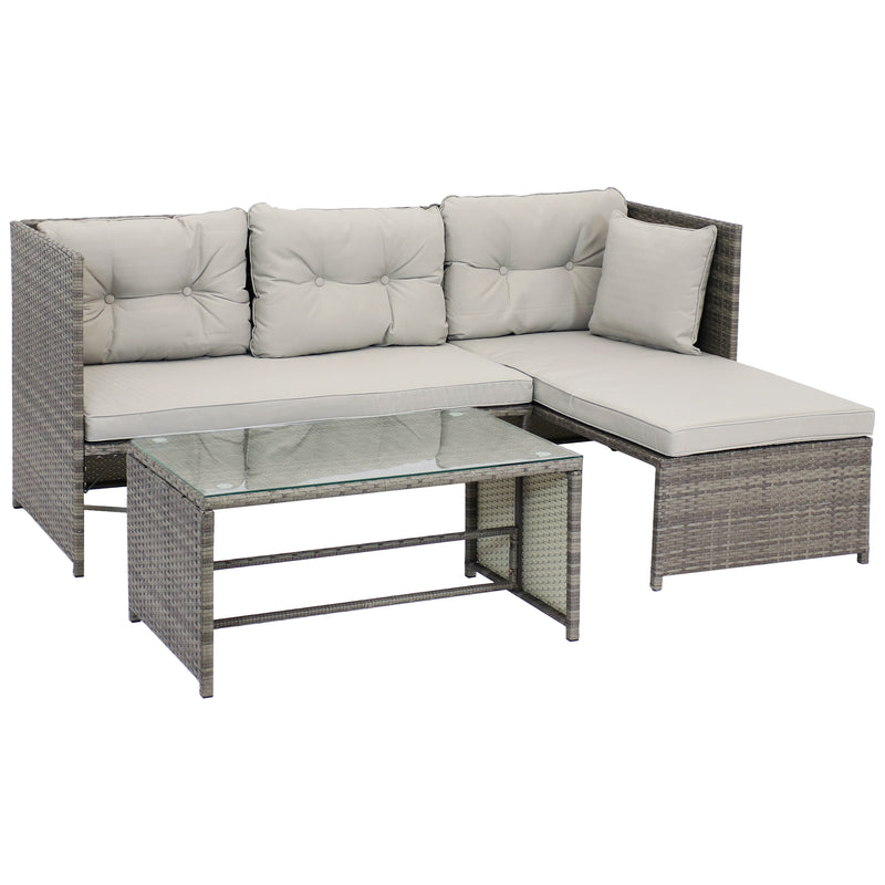 Outdoor resin wicker patio sectional sofa set with stone gray cushions, accent throw pillow and glass top coffee table