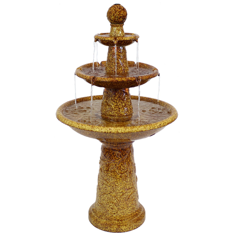 Sunnydaze Floral Motif Ceramic 3-Tier Outdoor Water Fountain with LED Lights, 45-Inch