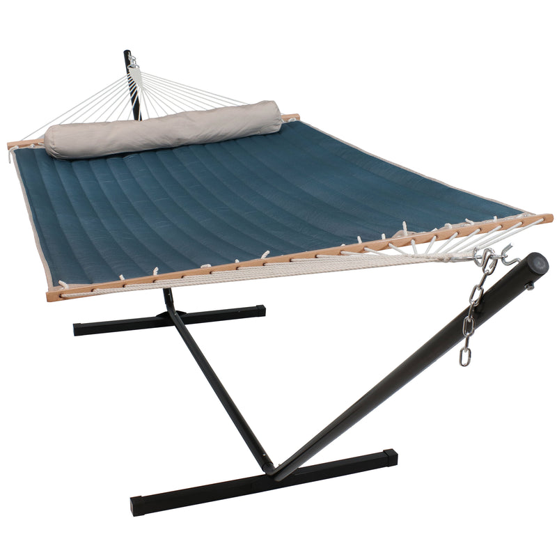 Sunnydaze Quilted Double Fabric 2-Person Hammock with Spreader Bars & Pillow