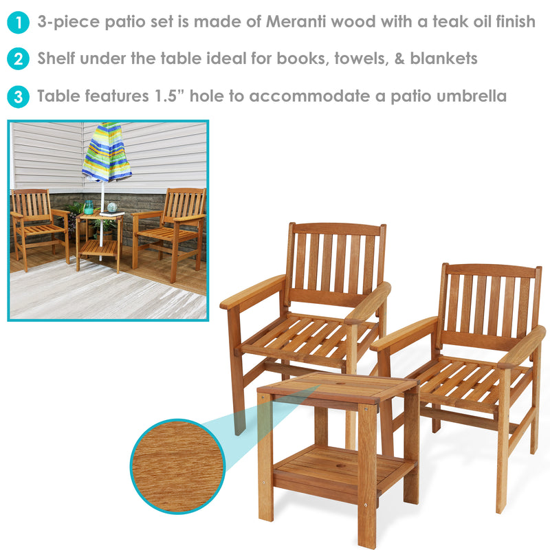 Sunnydaze Meranti Wood 3-Piece Outdoor Patio Conversation Set