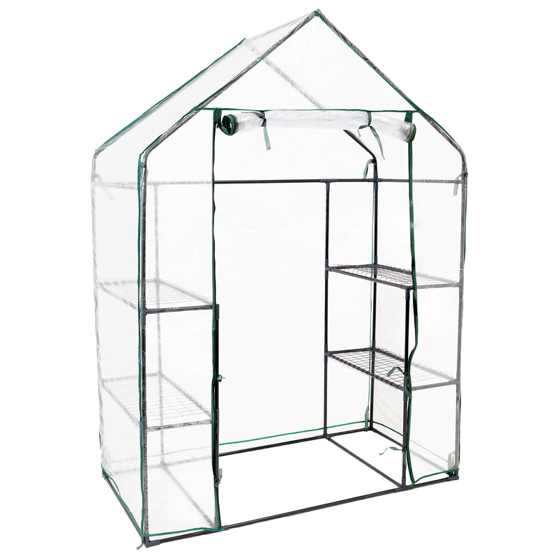 walk-in greenhouse with 4 shelves and clear cover