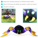 Black inflatable spider with green eyes and yellow fangs.
