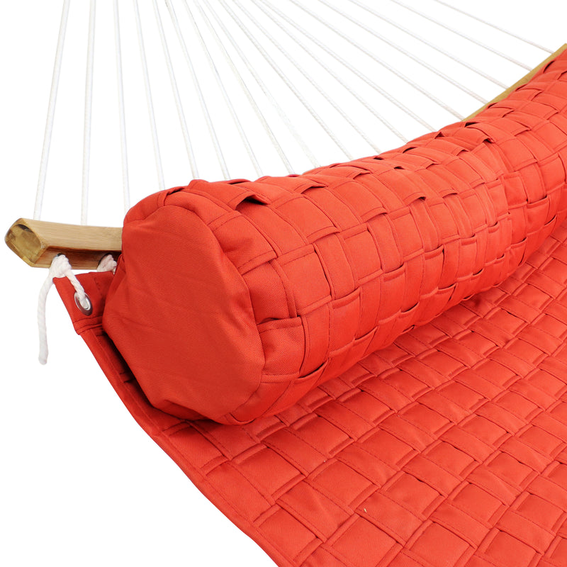 Sunnydaze Quilted Weave Hammock with Curved Spreader Bars and Pillow - Salmon