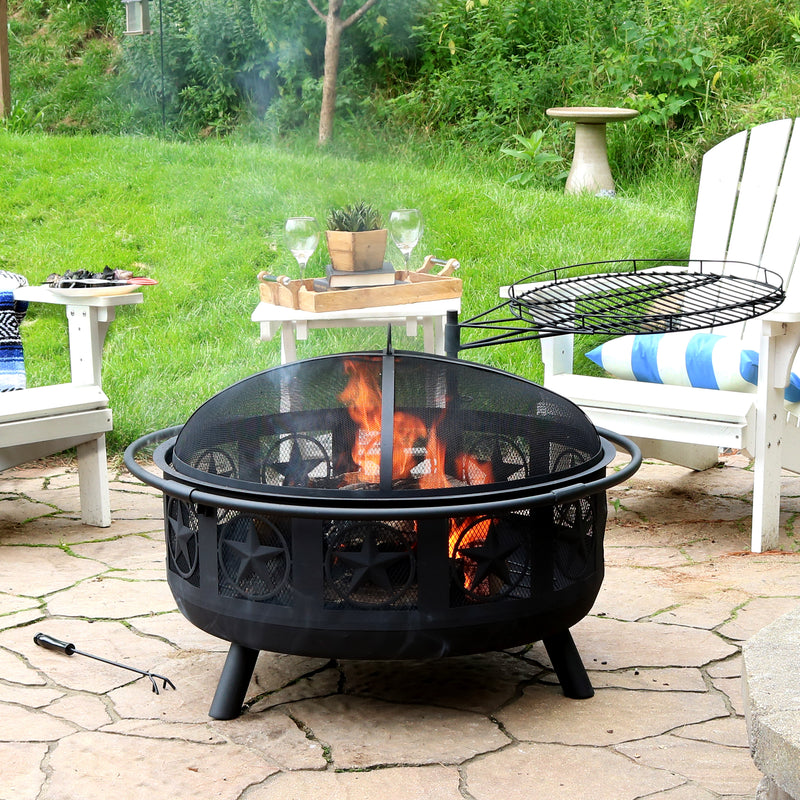 Sunnydaze 30" Black All Star Fire Pit with Cooking Grate & Spark Screen