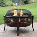 bronze colored fire pit with hunting motif and spark screen