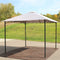 Gray open-side gazebo with gray frame place outside on brown patio pavers. 