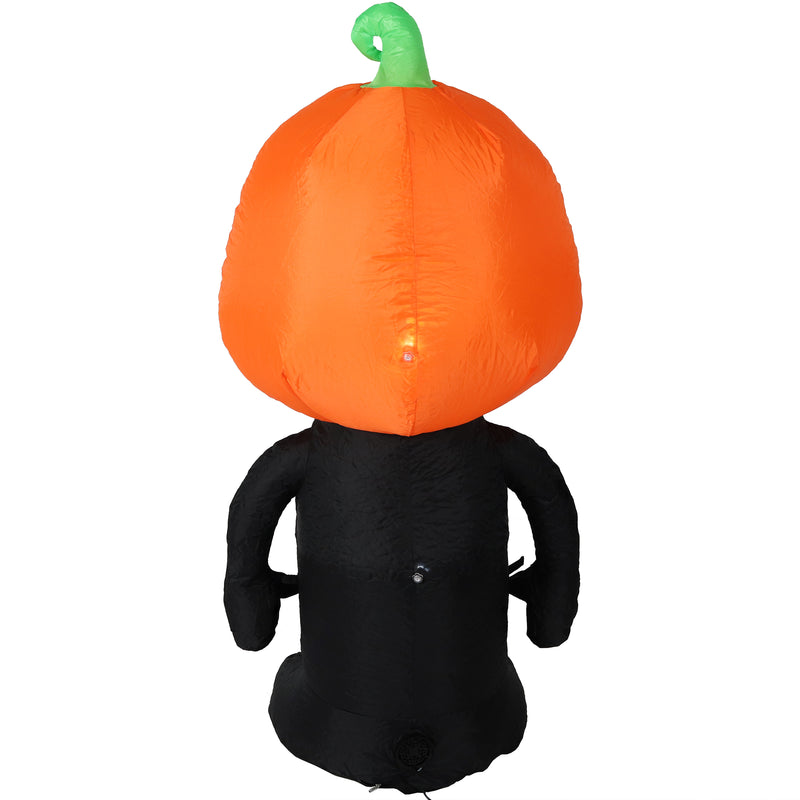 Side view of the black skeleton with pumpkin head inflatable. 