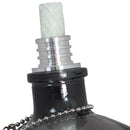 Profile view of a black, clear skull torch with metal snuffer cap and chain.