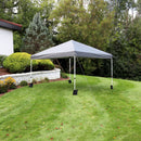 gray 12'x12' pop up canopy with white frame and sandbags