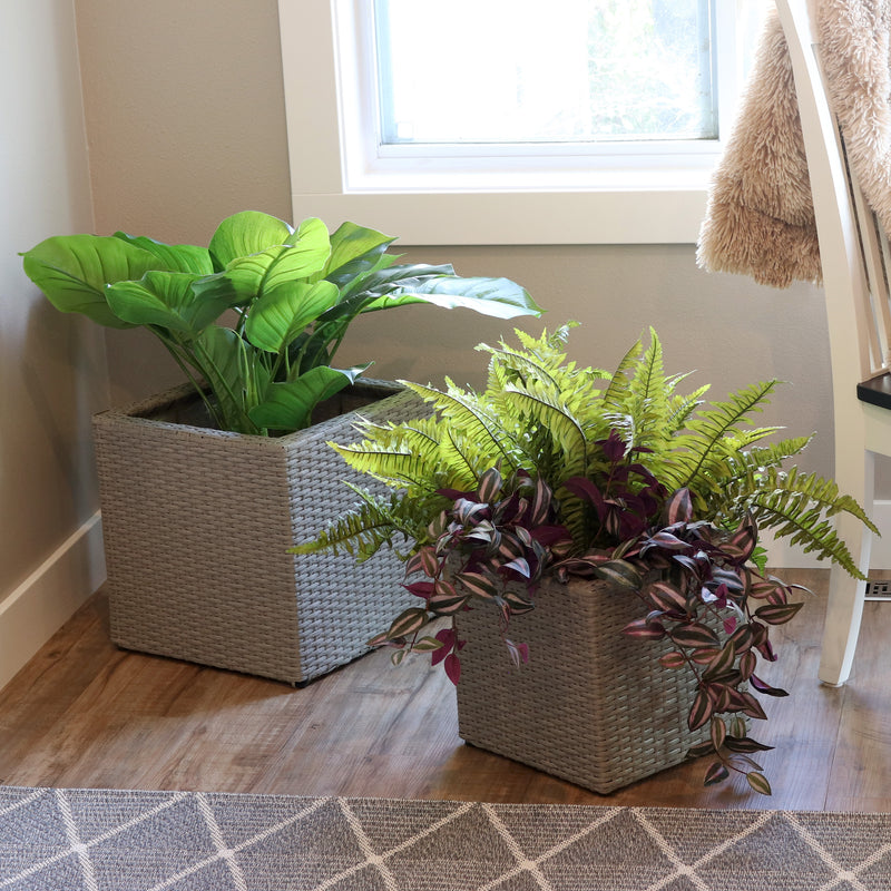 bottom of gray square polyrattan indoor planters