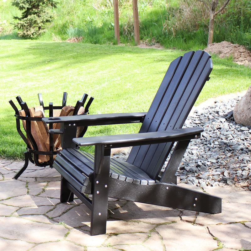 Single, black Adirondack chair with a built-in cupholder.