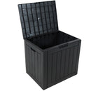 Closed black, small storage box in between two patio chairs.